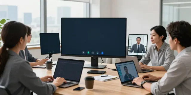 Deepfake free meetings demonstrated by a diverse team collaborating using advanced software in a modern office.