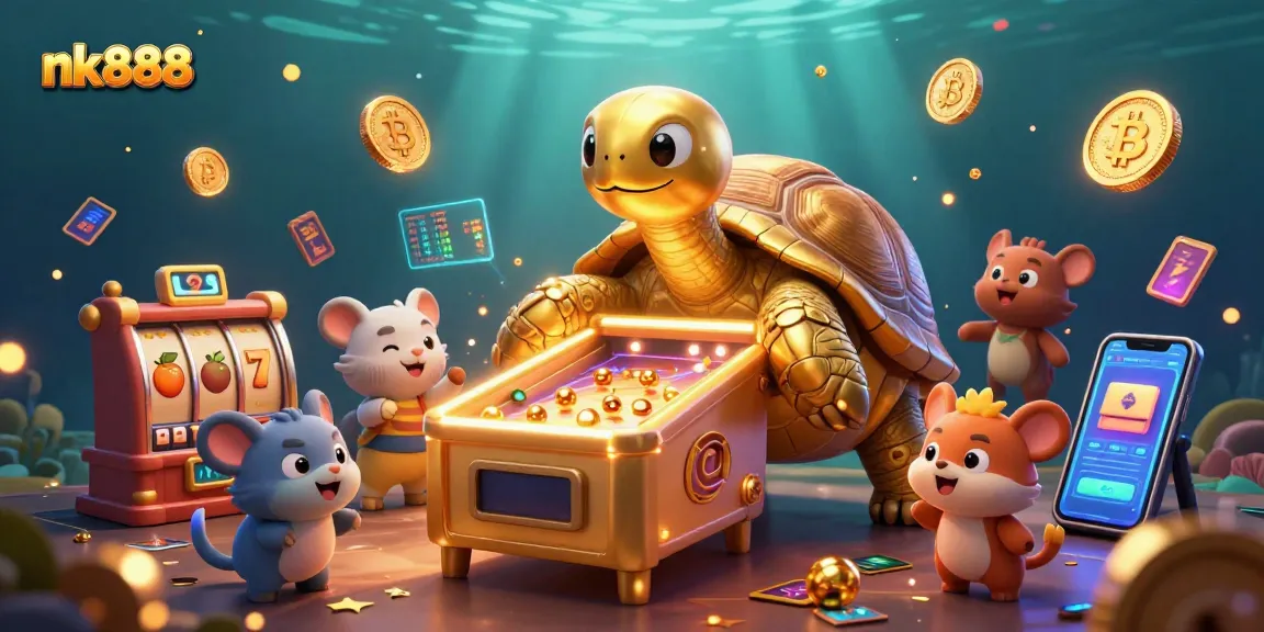 Experience thrilling gameplay at nk888 with a vibrant 3D casino scene filled with exciting slot machines and crypto elements.