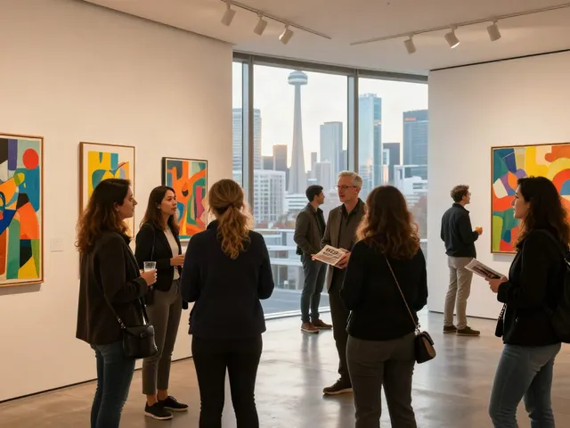 Bruce Bailey Toronto discussing art with collectors in vibrant gallery.