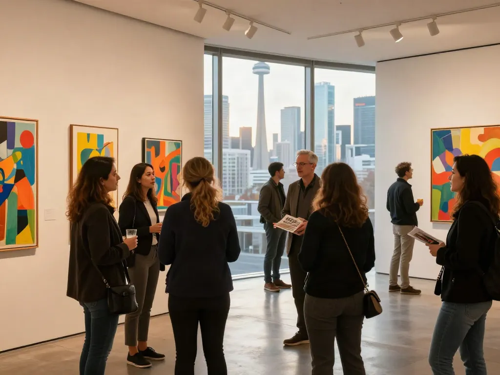 Bruce Bailey Toronto discussing art with collectors in vibrant gallery.