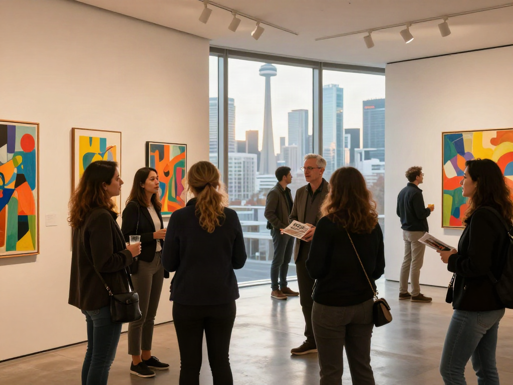 Bruce Bailey Toronto discussing art with collectors in vibrant gallery.
