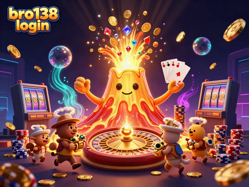 Experience the thrill of bro138 login with a vibrant scene featuring a golden volcano erupting treasure amidst casino elements.