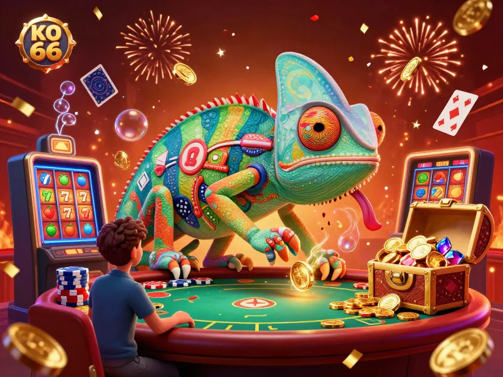 Experience the excitement of KO 66 with a vibrant illustration of a chameleon casino owner amidst slot reels and gold coins.