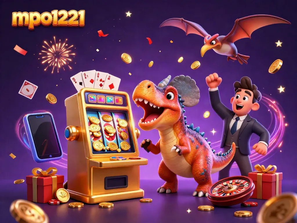 Headbutting pachycephalosaurus at mpo1221 slot machine surrounded by golden coins and magical effects