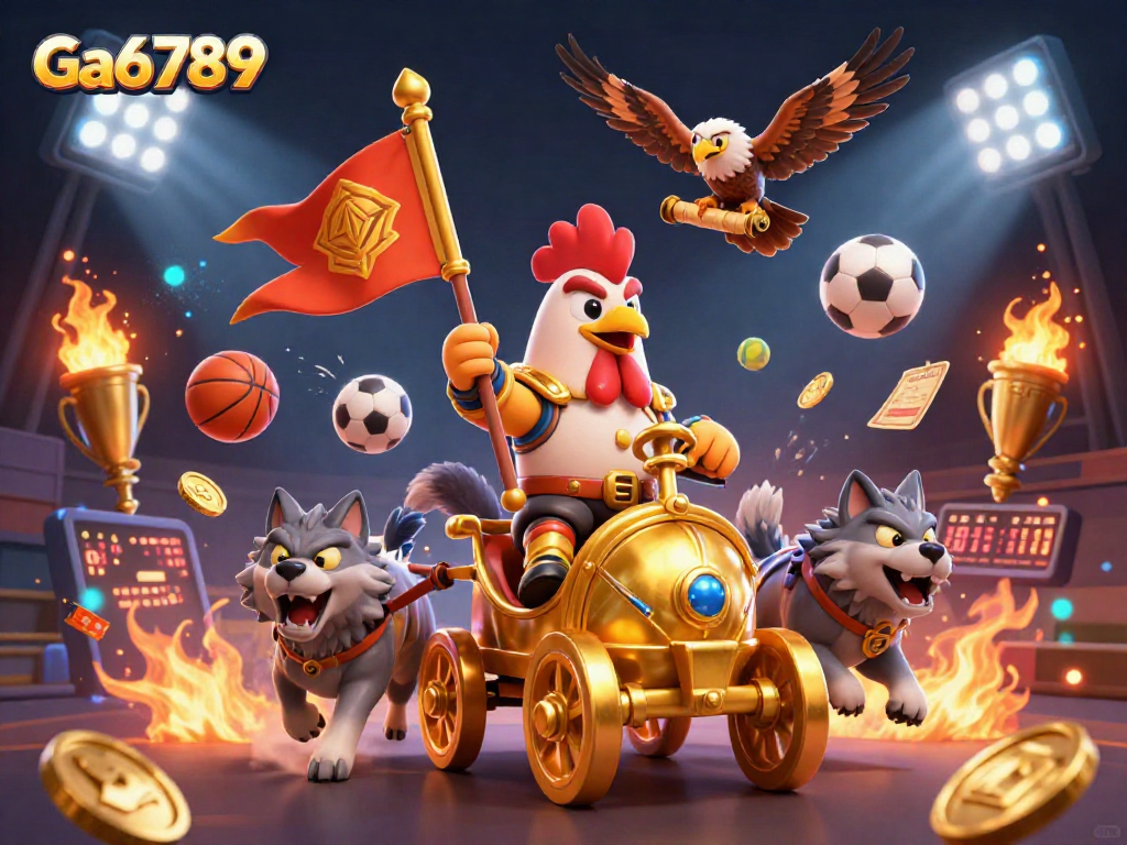 Ga6789 showcases a thrilling gaming scene with a rooster warlord, sports elements, and a vibrant atmosphere.