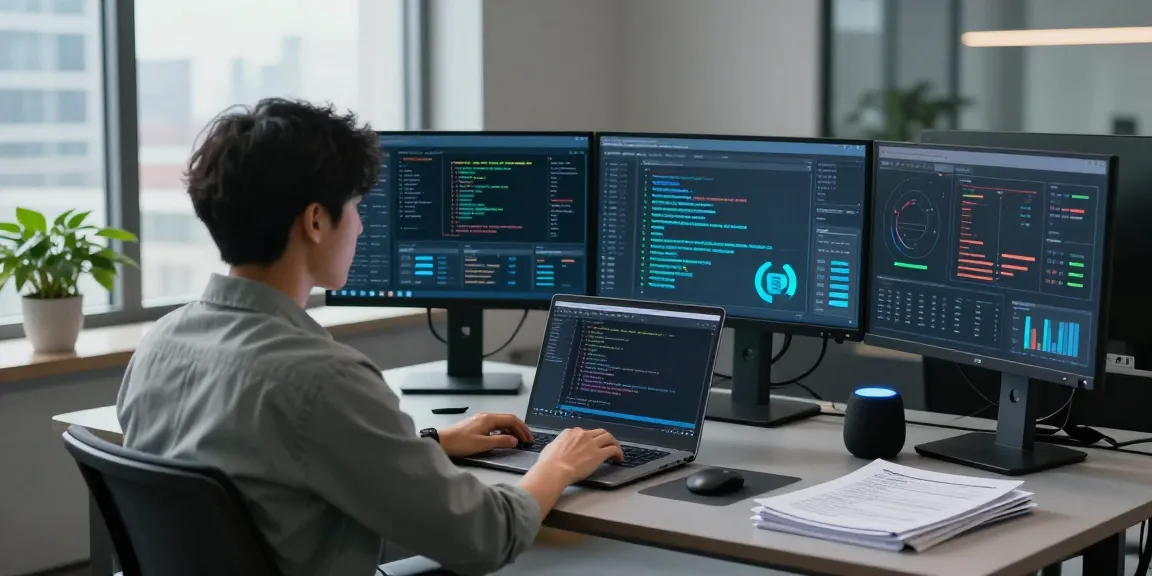 Cybersecurity analyst working on document fraud detection software in a modern workspace.