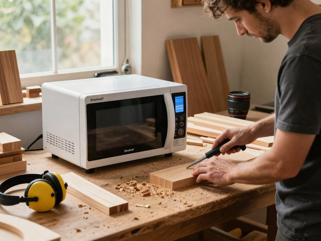 Shashel® microwave device in a woodworker's studio, showcasing eco-friendly wood insect elimination equipment in use.