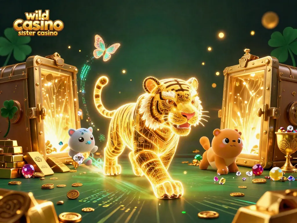 Exciting scene showcasing the wild casino sister casino with golden tiger and treasures.