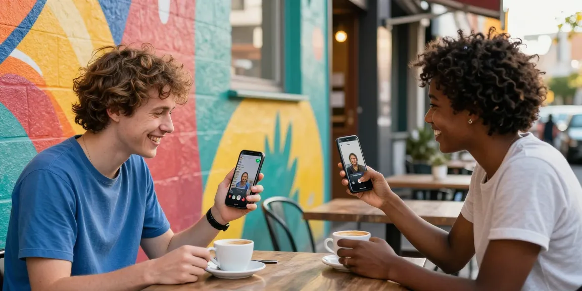 Two individuals enjoying a lively 1v1 chat via video call in an urban café setting.