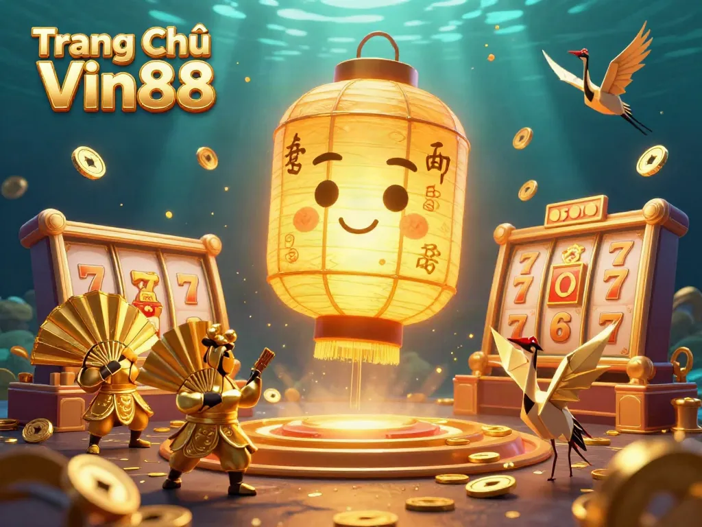 Join the action at Trang Chủ Vin88 with a vibrant casino scene featuring golden lantern spirit and slot elements.