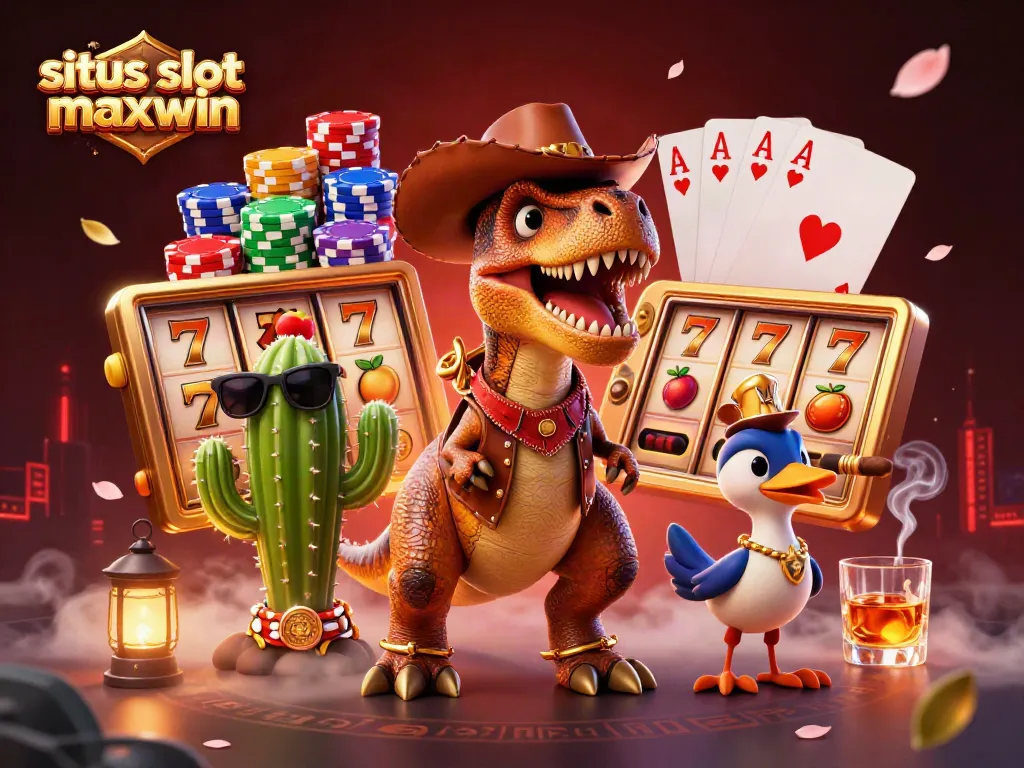 SLOTS action at situs slot gacor maxwin featuring a T-Rex, cactus, and roadrunner amidst vibrant casino elements.