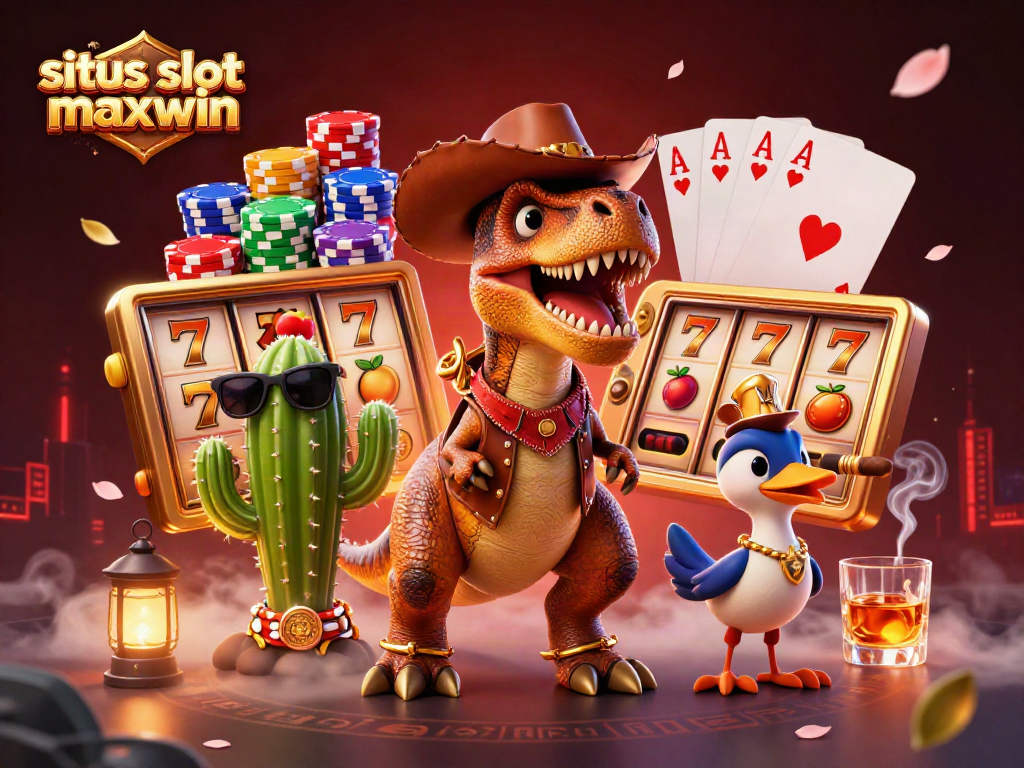 SLOTS action at situs slot gacor maxwin featuring a T-Rex, cactus, and roadrunner amidst vibrant casino elements.