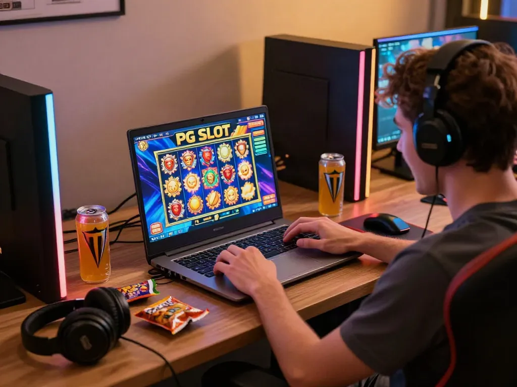 Exciting gamer enjoying PG SLOT on a laptop in a vibrant gaming setup.
