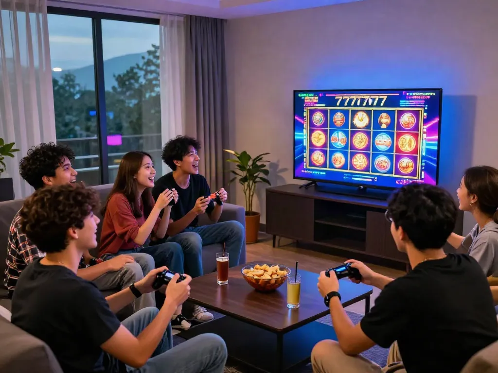 Group of friends enjoying slot777 online gaming in a vibrant lounge.