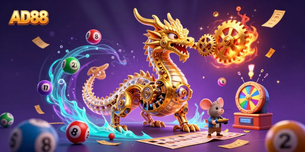 Experience thrilling action at AD88, featuring a golden dragon, vibrant lottery balls, and a magical casino atmosphere.