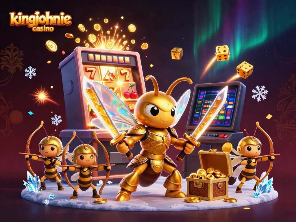 Experience the excitement of kingjohnnie casino with a vibrant 3D cartoon illustration showcasing a golden hornet and engaging casino elements.