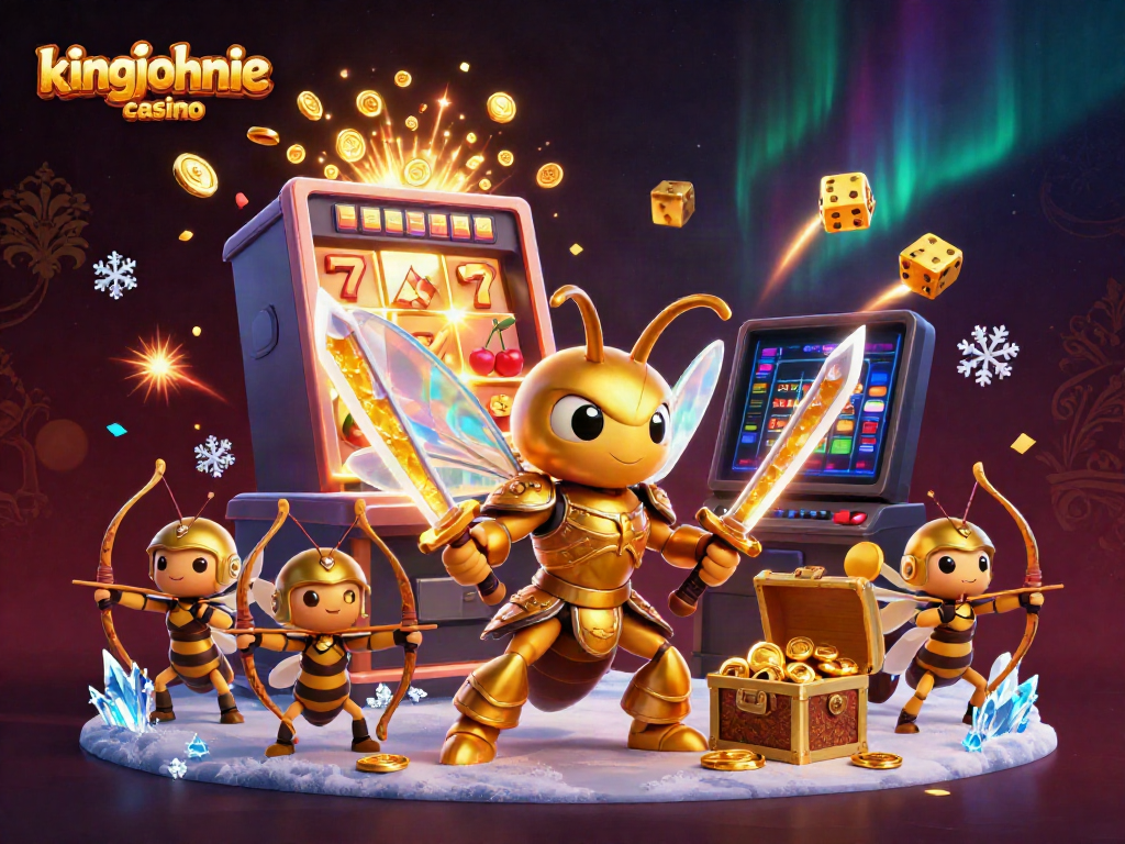 Experience the excitement of kingjohnnie casino with a vibrant 3D cartoon illustration showcasing a golden hornet and engaging casino elements.