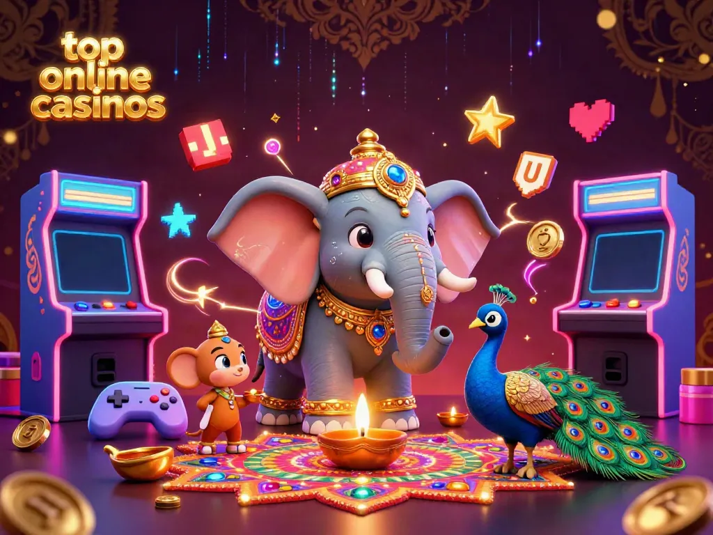 Experience the joy of top online casinos through vibrant 3D illustrations of a Diwali elephant and gaming elements.