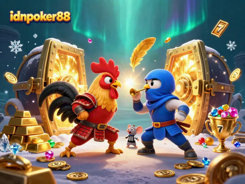 Engage with idnpoker88 at a thrilling arena featuring dynamic roosters and sparkling treasures.