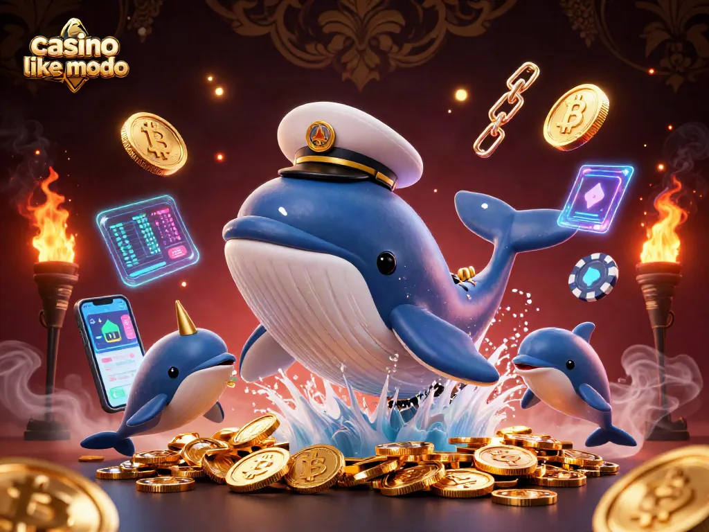 Experience a vibrant scene with a whale and dolphins in a casino like modo-themed illustration.