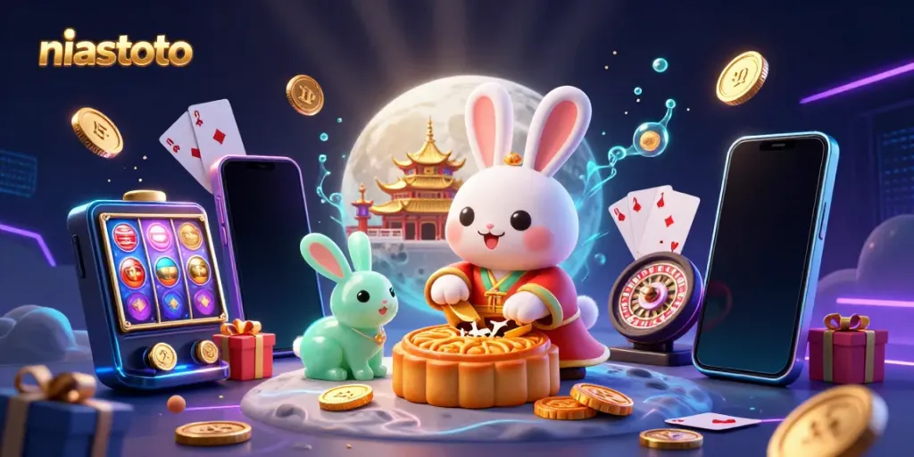 Permainan slot niastoto dengan karakter kelinci bulan, chip poker, dan koin emas berkilau.