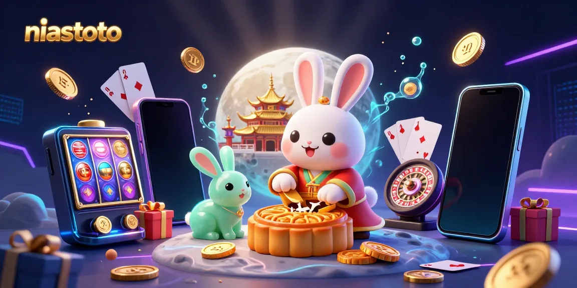 Permainan slot niastoto dengan karakter kelinci bulan, chip poker, dan koin emas berkilau.