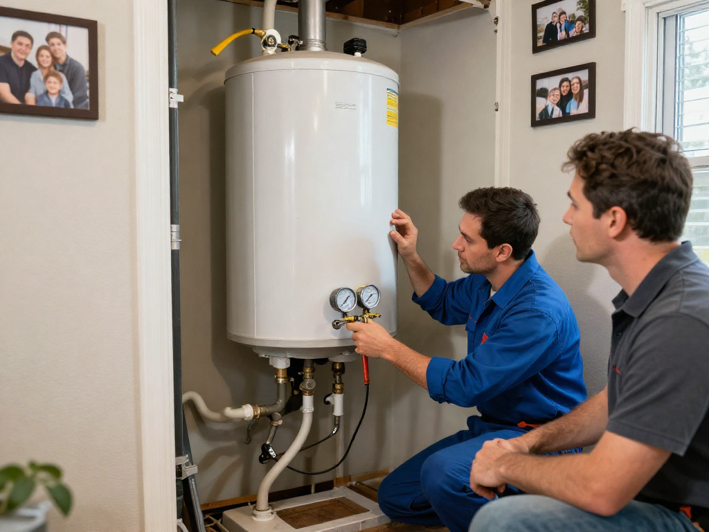 Expert plumber Fort Worth inspecting a water heater in a residential basement.
