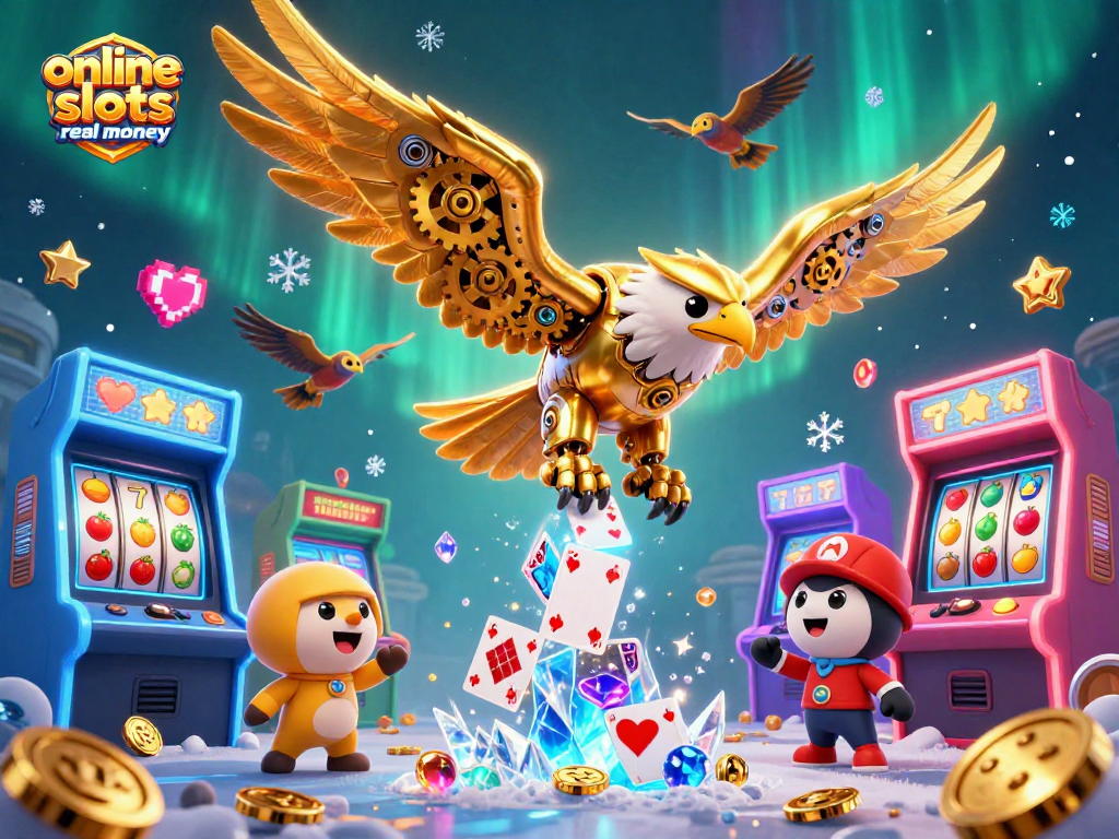 Experience the thrill of online slots real money with a vibrant 3D illustration showcasing a golden eagle and slot reels.