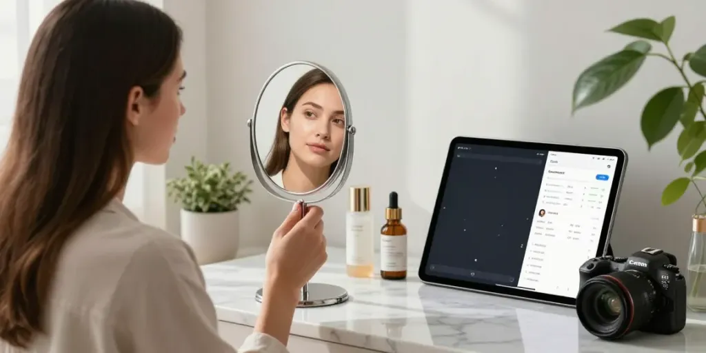 Alternatives to QOVES visual analysis scene with beauty app metrics and skincare products.