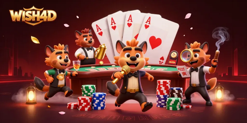 WISH4D casino scene with hyena characters entertaining and engaging players at a lively poker table.