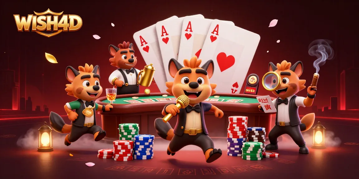 WISH4D casino scene with hyena characters entertaining and engaging players at a lively poker table.