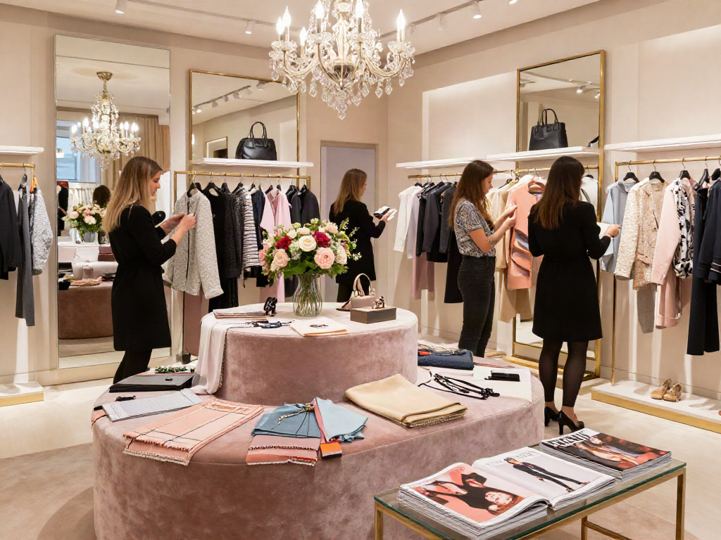 Pengunjung toko fashion luxury111 yang elegan berbelanja di butik mewah.
