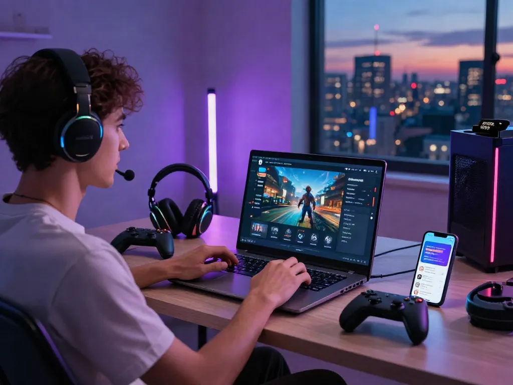 Pengguna vegas168 menikmati permainan online di laptop, dikelilingi aksesori gaming dengan suasana modern yang menarik.