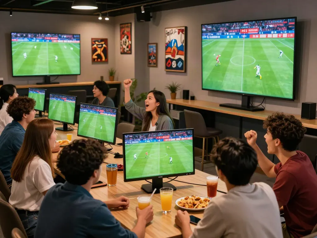 Excited friends enjoying sports betting and soccer matches at WWBOLA lounge