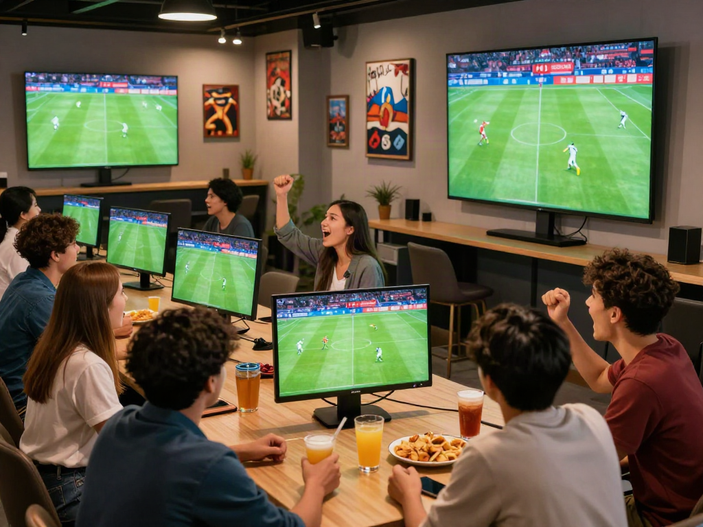 Excited friends enjoying sports betting and soccer matches at WWBOLA lounge