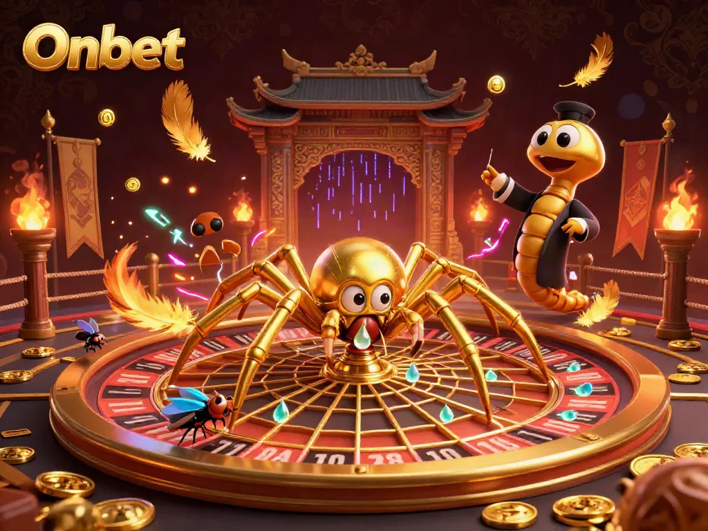 Onbet's exciting roulette-themed scene with cartoon characters, gold coins, and dynamic casino elements.