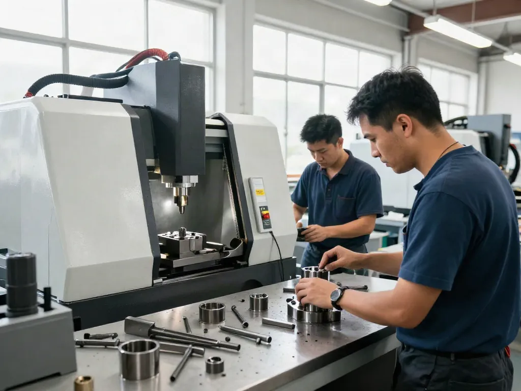 Skilled machinists working in a machine shop, fabricating precision parts with advanced equipment.
