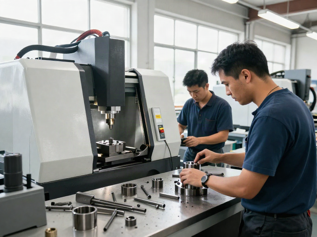 Skilled machinists working in a machine shop, fabricating precision parts with advanced equipment.