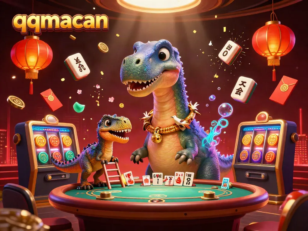 Engage with qqmacan's dynamic casino scene featuring a brontosaurus and raptors delivering poker cards.