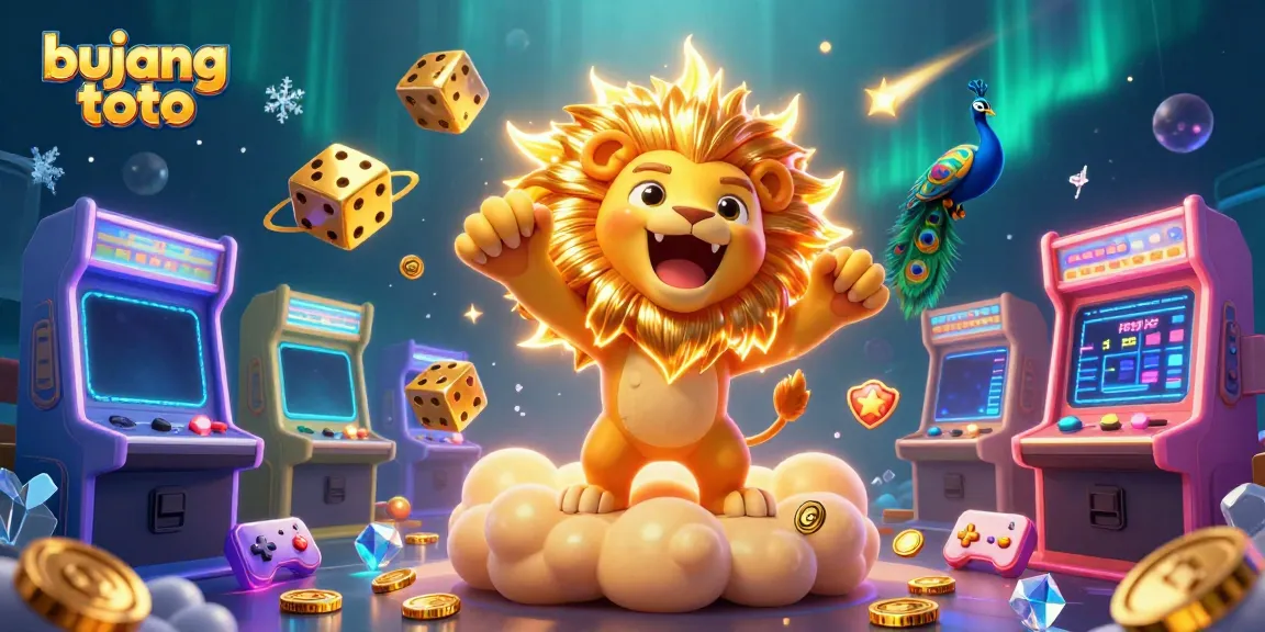 Bujang toto features a vibrant 3D scene with a roaring sun lion and golden dice highlighting thrilling gaming action.