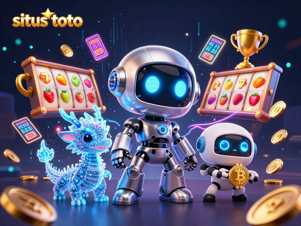 Menghadirkan situs toto dalam dunia permainan, karakter robot futuristik dan naga holografik beraksi dengan elemen kasino yang ramai.