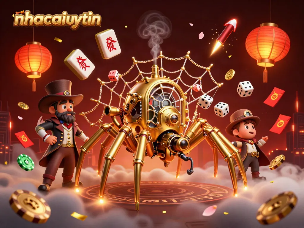 Engage with the vibrant world of nhacaiuytin, as a golden spider catches dice amidst colorful casino elements and festive decorations.