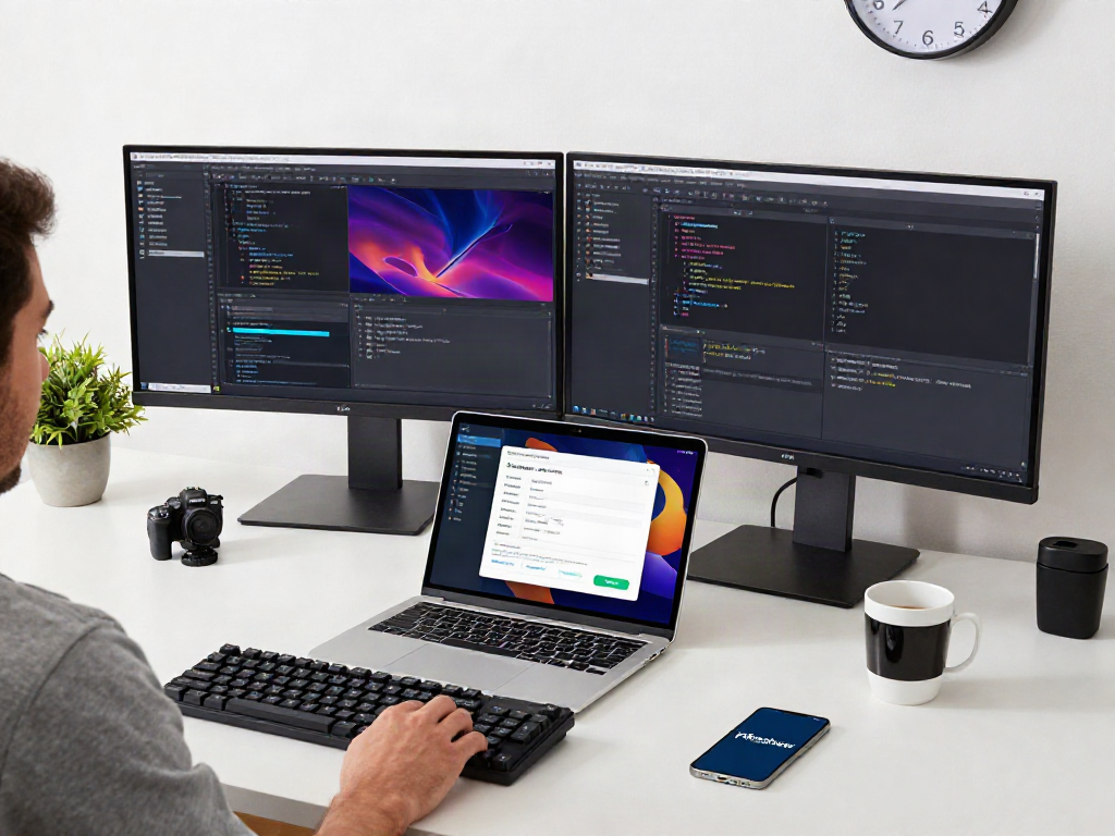 Efficient workspace with a user downloading the Pikashow app on a laptop amidst modern tech equipment.