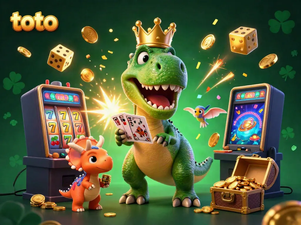 Experience exciting loto gaming with a T-Rex shuffling cards and a slot machine bursting with coins.