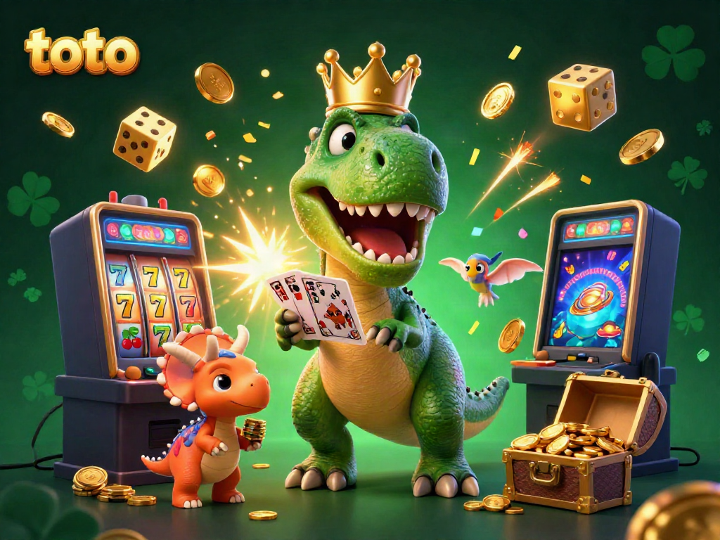 Experience exciting loto gaming with a T-Rex shuffling cards and a slot machine bursting with coins.