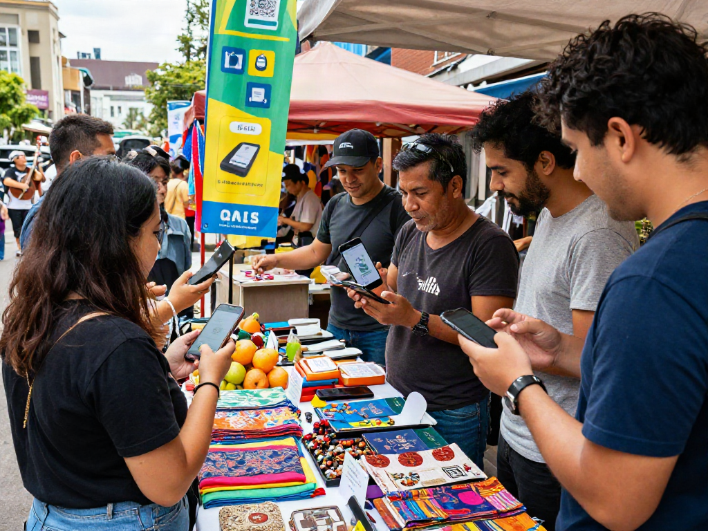 Merchant demonstrating slot qris payments in a vibrant urban market.