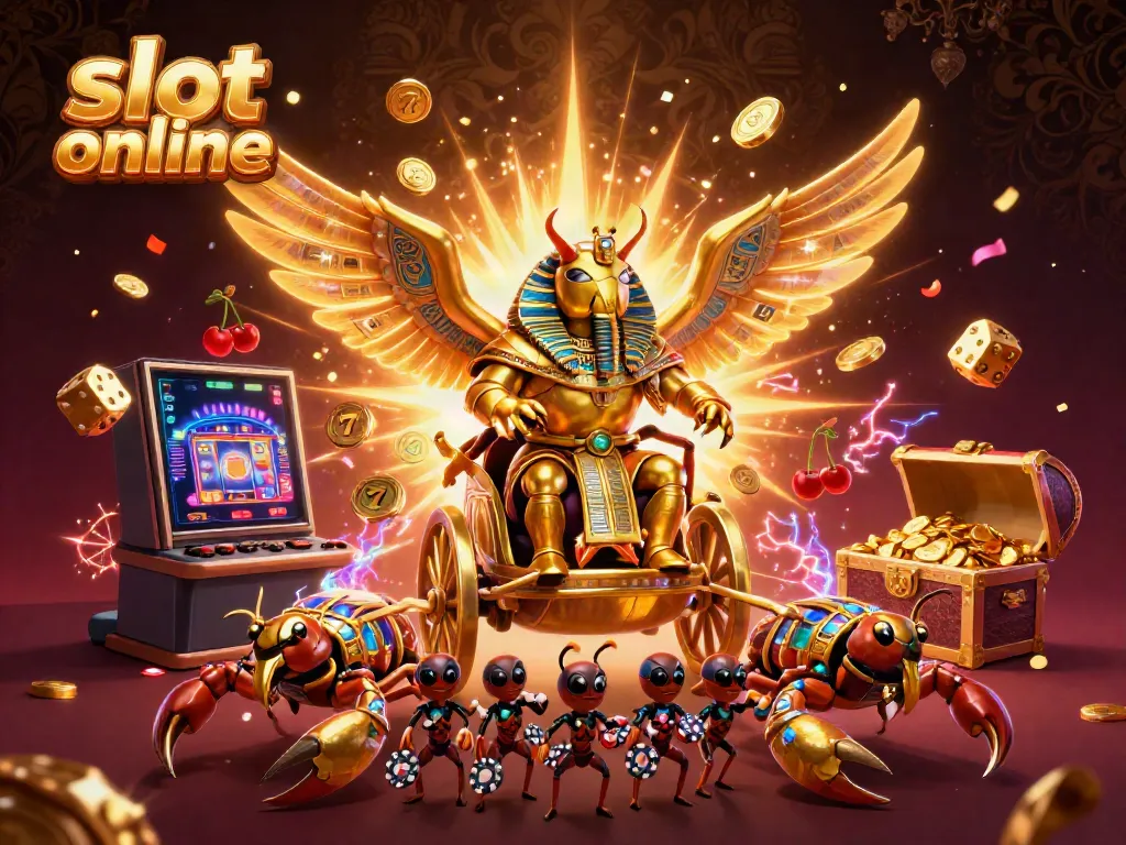 Experience the thrill of slot online gaming featuring a colossal scarab beetle and vibrant jackpot symbols.