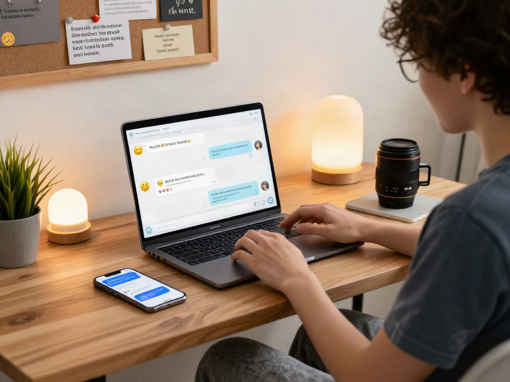 User interacting with a nsfw chat bot on a laptop in a cozy home office.