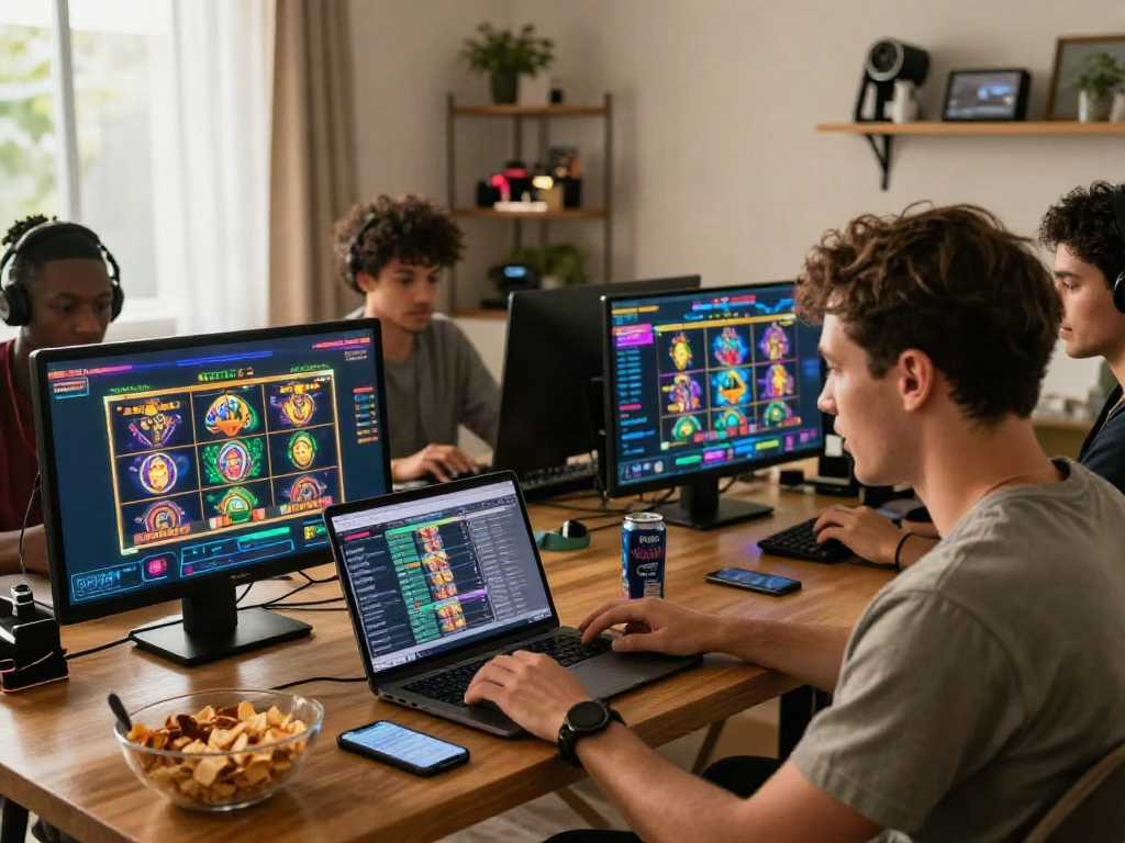 Exciting scene of players engaged in slot online gaming at home with vibrant graphics and interactive elements.
