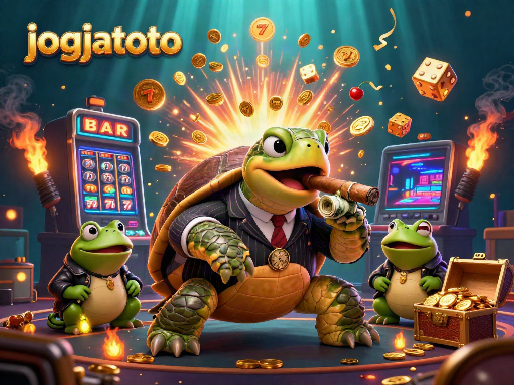 Experience the excitement of jogjatoto with a vibrant 3D illustration featuring a snapping turtle mobster and casino symbols.